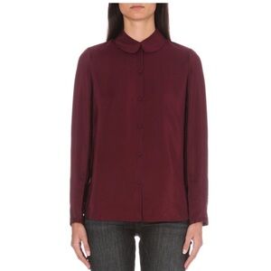 FRAME 100% silk Burgundy Le Ruffle Mahogany blouse long sleeve Peter Pan collar